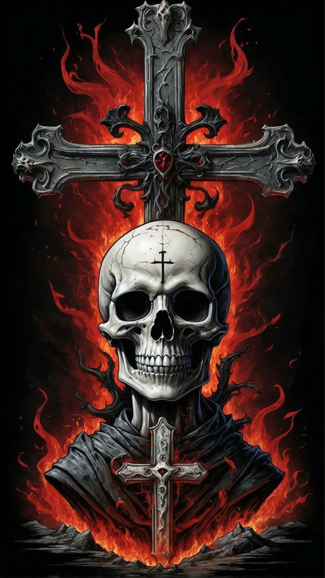 Goth Cross & Skull Skulls Wallpaper, Colorful Skull Art, Black Skulls Wallpaper, Goth Cross, Metal Posters Art, Skull Poster, Ghost Rider Wallpaper, Scary Skull, Album Cover Wallpaper Collage