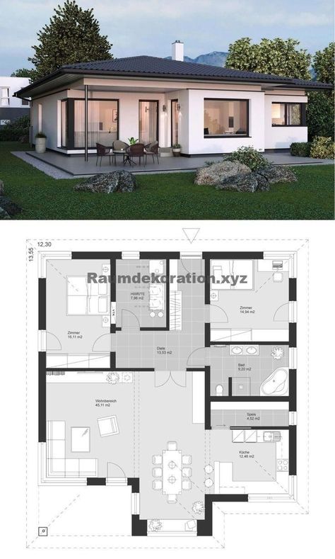 План дома Hipped Roof, Home Designs Exterior, Bungalow Floor Plans, Modern Bungalow House, House Plan Gallery, Roof Architecture, Sims House Plans, House Construction Plan, House Layout Plans