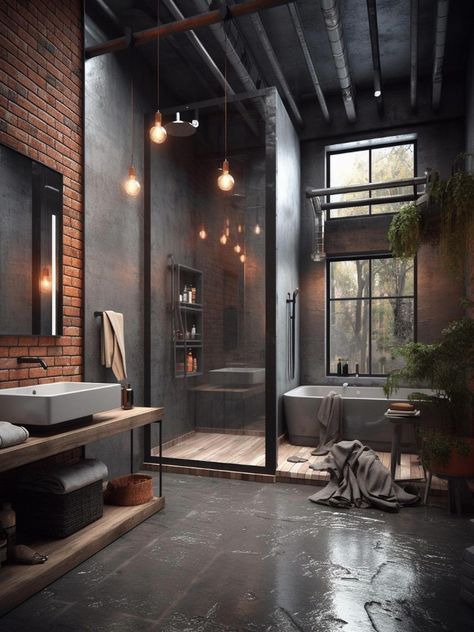 Love the drama? Embrace the bold trend of dark bathrooms with these stunning design ideas. Dark Industrial Bathroom, New York Apartment Bathroom, Industrial Restroom, Loft Style Bathroom, Industrial Bathroom Ideas, Modern Industrial Bathroom, Dark Bathroom, House Flipper, Industrial Loft Design