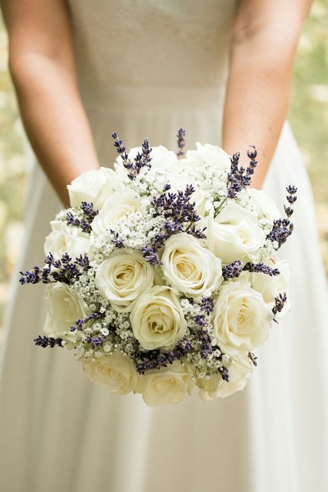 White Peonies And Lavender Bouquet, White And Lavender Centerpiece Wedding, Lavender White Wedding Theme, White Rose And Purple Bouquet, Lilac Wedding Bouquet Bridesmaid, White Rose And Lavender Boutonniere, White Lavender Bouquet, Wedding Bouquets Lavender And White, White Roses With Lavender Bouquet