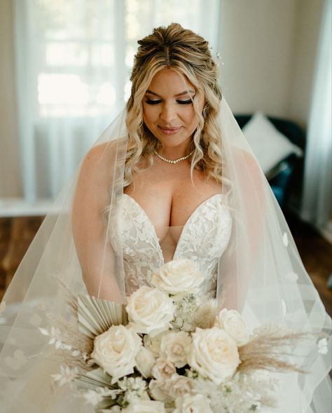 Bridal Hair & Makeup by @hair_beautybykrysta Bride Hair Plus Size, Curvy Bride Hairstyle, Bridal Hair Down Round Face, Square Face Wedding Hairstyles, Chubby Face Hairstyles For Wedding, Plus Size Bridal Makeup Looks, Plus Size Wedding Hairstyles Round Faces, Bridal Hair For Plus Size Bride, Wedding Hair Styles For Round Faces