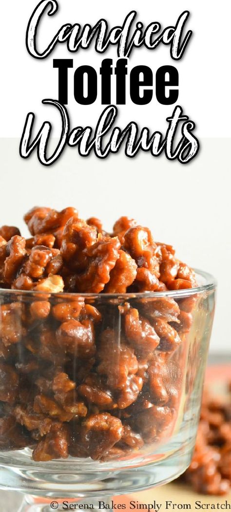 A glass jar full of Candied Toffee Walnuts. White text with black outline at the top Candied, black text Toffee, and white text with black outline Walnuts. Chocolate Walnuts Candy, Toffee Nuts Recipe, Candied Nuts Gift, Toffee Covered Nuts Recipe, Toffee Almonds Recipe, Toffee Walnuts Recipe, Butter Toffee Nuts Recipe, Candied Cashews Recipes, Fall Candy Recipes