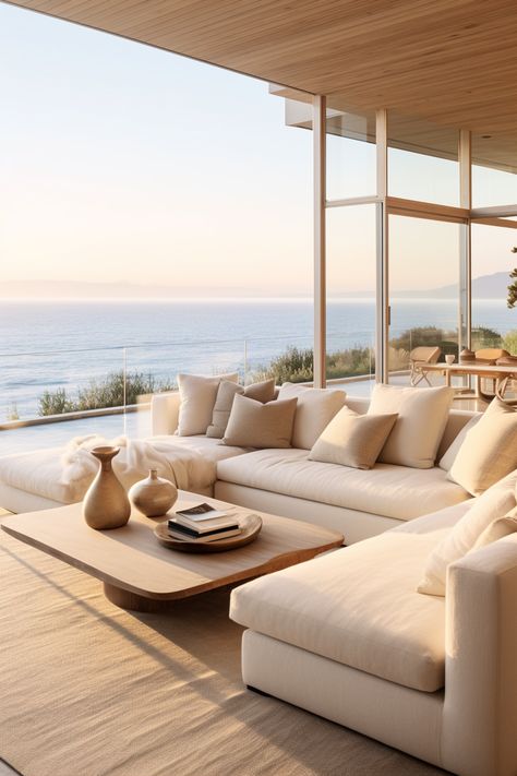 Coastal Modern Living Room - Quiet Minimal Modern Minimal Beach House, Beach Contemporary Decor, Luxury Beach House Living Room, Beach House Couch, Modern Beach Apartment, Modern Beach Condo, Minimal Beach House, Modern Beach House Living Room, Luxury Beach House Interior