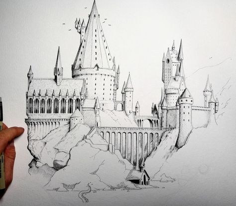 #hogwarts #illustration #art #hogwartscastle #harrypotter #castle Watercolor Hogwarts Castle, Harry Potter Castle Sketch, Drawing Of Hogwarts Castle, Hogwarts Pencil Drawing, Harry Potter Tattoos Hogwarts Castle, Harry Potter Ink Drawing, How To Draw Hogwarts Castle, Hogwarts Castle Illustration, Harry Potter Hogwarts Drawing