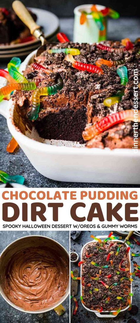 Chocolate Pudding Dirt Cake is a kid favorite Halloween dessert topped with pudding, crushed Oreos (dirt), and gummy worms for a spooky treat. Dirt Cake Pudding Cups, Gummy Worm Halloween Treats, Gummy Worm Dessert Ideas, Spooky Dirt Cake, Dirt Cake Cups Halloween, Pudding Worms And Dirt, Chocolate Pudding Dirt Cake, Halloween Chocolate Cake Ideas, Halloween Desserts Chocolate