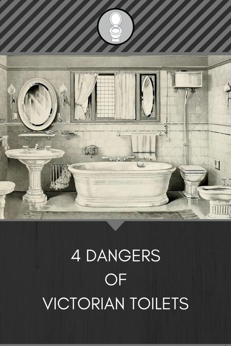 Victorian bathrooms seem to be the origin of the first modern bathrooms, but not all that glitters is gold. #victorianera #bathroom #toilet #danger #history #restroom #victorianbathrooms Gothic Toilet, Old Style Toilet, 1930s Toilet, Victorian Toilet Paper Holder, Victorian Public Toilets, Victorian Toilet, Victorian Bath, Victorian Bathroom, All That Glitters Is Gold