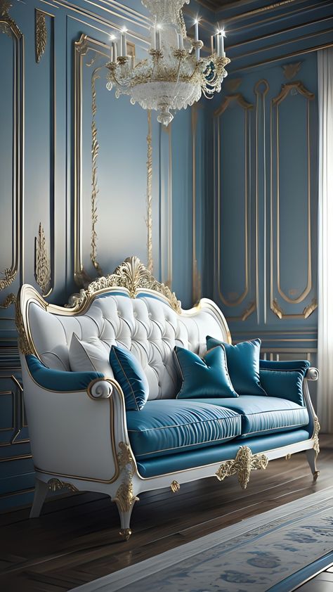 French Rococo Furniture, French Wainscoting, Victorian Wainscoting, Rococo Living Room, Blue Wainscoting, White Dining Room Decor, Blue Dining Room Walls, White Dining Room Furniture, Blue Dining Room Decor