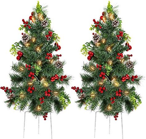 Amazon.com: Best Choice Products Set of 2 24.5in Outdoor Battery Operated Pre-Lit Pathway Christmas Trees Holiday Décor for Driveway, Yard, Garden w/LED Lights, Red Berries, Frosted Pine Cones, Red Ornaments: Home & Kitchen