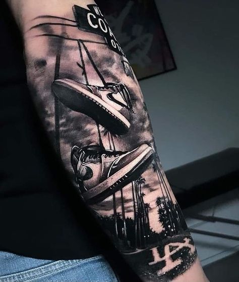 Hip Hop Tattoo Sleeve, Street Tattoos For Men, La Tattoo Los Angeles Design, Jordan Tattoo Ideas, Sneaker Tattoo, Tattoo Nike, Street Tattoos, Rap Tattoo, Tattoos Hip