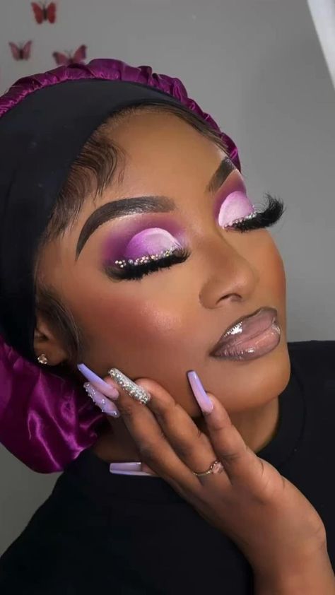 Purple Makeup Looks Black Women, Prom Makeup Inspo, Makeup Looks Black Women, Purple Makeup Looks, Tube Map, Birthday Makeup Looks, Glitter Makeup Looks, Prom Eye Makeup, Bold Makeup Looks