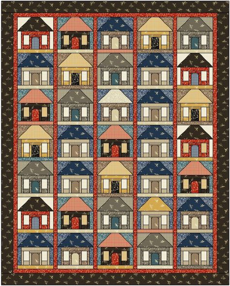 12 Inch House Quilt Block Pattern, Houses Quilt, Full Size Quilt, Village Buildings, Freebies Pattern, House Quilt Block, House Quilt Patterns, Village Ideas, Straight Line Quilting