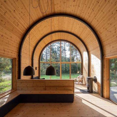 Dezeen on Instagram: “A barrel-vault topped with corrugated steel forms the dramatic pine living space within this summer cabin near the town of Nykøbing…” Wooden Summer House, Dark Blue Kitchens, Summer Cabins, Ormanlık Alan, Moderne Have, Summer Cabin, Agricultural Buildings, Country Retreat, Country Cabin