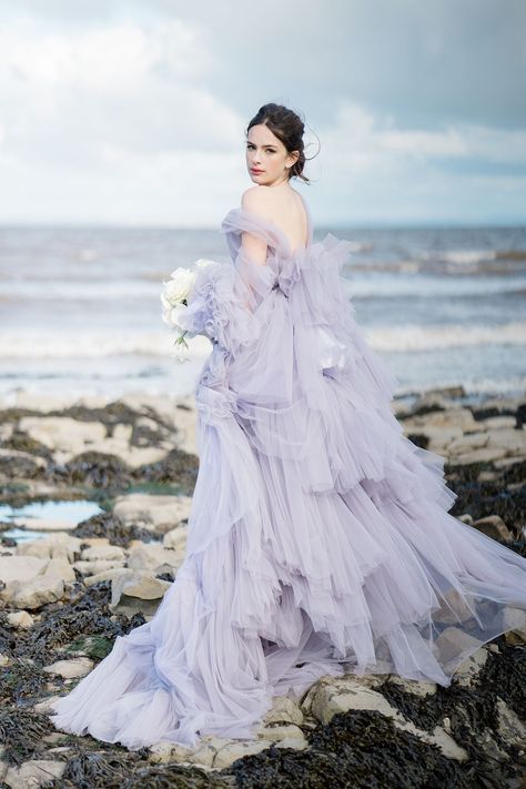 Sally Bean pale lilac / purple wedding dress with tulle layers + oversized bow. Sara Cooper Photography #sallybean #purpleweddingdress #lilacweddingdress #oversizedbow #colouredweddingdress Lilac Tulle Dress, Lilac Wedding Dress, Couture Editorial, Lavender Wedding Dress, Asymmetrical Gown, Ethereal Gowns, Violet Wedding, Purple Wedding Dress, Bridal Designers