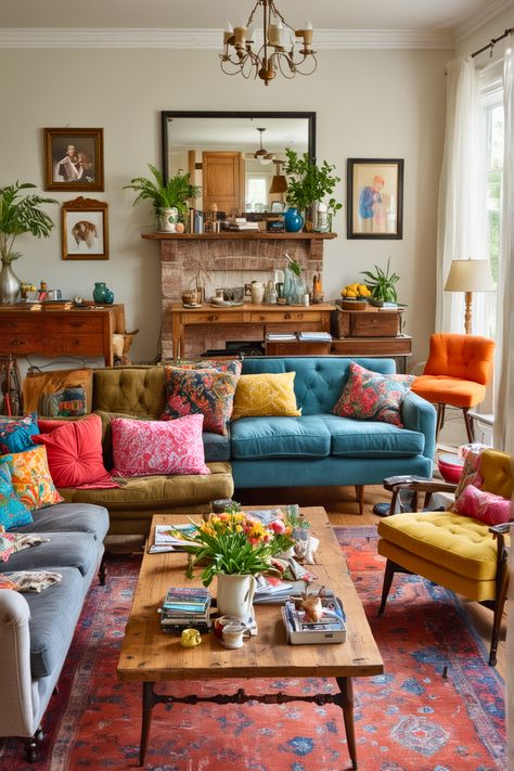 Modern Colorful Cottage Interior, Colorful Home White Walls, Colorful Eclectic Living Room Vintage, Simple Eclectic Living Room, Colorful Boho Living Room Inspiration, Colorful Vintage Living Room, Boho Eclectic Living Room Ideas, 2024 Living Room Colors, Colorful Cozy Living Room