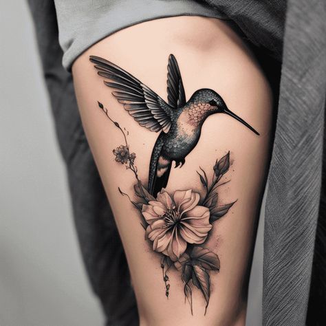 Nature Tattoo Ideas Created With AI Tattoo Birds And Flowers, Black Hummingbird Tattoo, Jt Tattoo, Dainty Hummingbird Tattoo, Hummingbird Tattoo Black, Hummingbird Flower Tattoos, Hummingbird Tattoos, Small Hummingbird Tattoo, Nature Tattoo Ideas