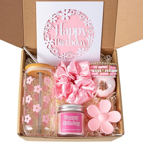 PRICES MAY VARY. What's In The Box: This thoughtfully curated gift set includes a 16oz retro flowers coffee glass cup with a bamboo lid and straw, a HAPPY BIRTHDAY candle, a bath bomb, a flower hair clip, a silk scrunchie, a set of clay beaded bracelets, a paper cut happy birthday card, and a cute box package with paper filling. Happy Birthday Gift Box: Delight your mother, friend, significant other, teen girl, daughter, wife, or girlfriend with this beautifully curated birthday gift box. Unlike Birthday Gift For Friend Ideas, Ideas Of Gifts For Best Friend, Birthday Packaging Ideas, Gifts To Get For Friends, Birthday Gift For My Best Friend, Mini Gift Baskets For Women, Gift Box Ideas Women, Cute Bestie Birthday Gifts, Things For My Birthday