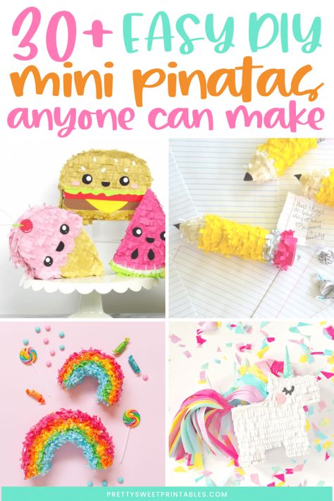 32 DIY Mini Piñatas That Are Perfect Party Favors For Kids - Pretty Sweet Printables Diy Small Pinata, Individual Pinatas Diy, Pinata Party Decorations, How To Make Mini Pinatas, Mini Pinatas Diy, Diy Mini Pinata Template, Piñata Diy Easy, Pinata Filler Ideas Non Candy, Diy Piñata Ideas