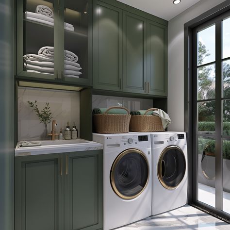 Green White Laundry Room, Green Washer And Dryer Laundry Rooms, Green Grey Laundry Room, Green Laundry Room Design, Hang Dry Laundry Room, Sage Green And Black Laundry Room, Save Green Laundry Room, Small Green Laundry Room, Dark Color Laundry Room