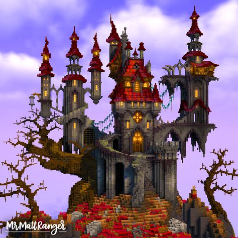 Minecraft build of a spooky crimson castle with deepslate and blackstone walls. Horror House Minecraft, Minecraft Haunted Castle, Monster High Minecraft Builds, Witch Castle Minecraft, Skull House Minecraft, Minecraft Evil Tower, Minecraft Abandoned Castle, Litematica Minecraft, Haunted Minecraft Builds