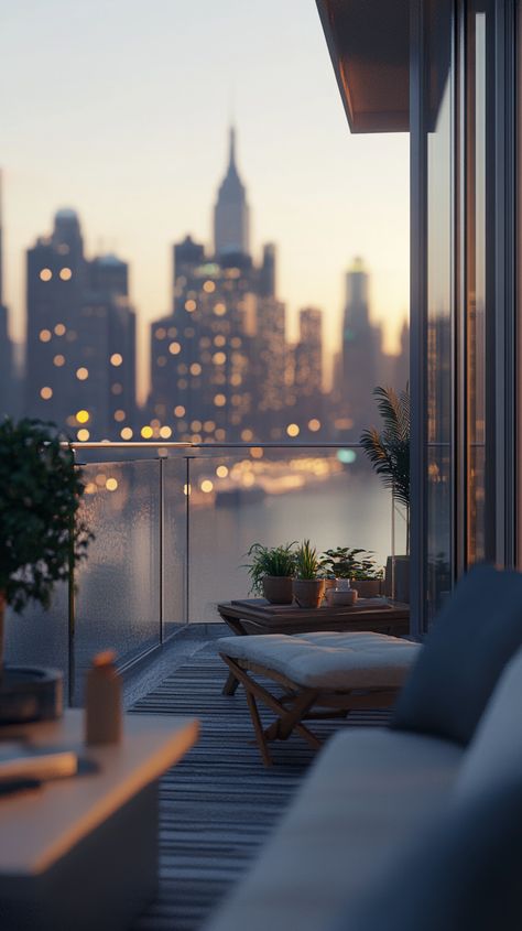 Stylish City Apartment Balcony Skyline View Apartment Views Aesthetic, Apartment Water View, Rustic City Apartment, Condo With City View, City Apartment Balcony, Beijing Apartment, Room With City View, Apartment City View, River View Apartment