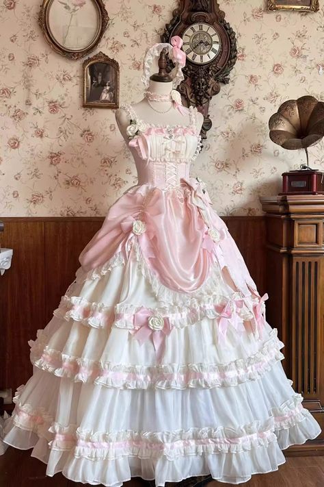 LolitaInside: Apricot/Pink Multi-Layer Ruffle Hanayome Bowknot Sweet Princess Gorgeous Long Lolita Jsk Dress❤ #lolitadress #lolitafashion Pretty Cute Dresses, Kawaii Ball Gown, Princess Dress Inspiration, Pretty Long Dress, Victorian Dress Pink, Victorian Pink Dress, Pink Fancy Dresses, Old Princess Dresses, Cute Princess Outfits