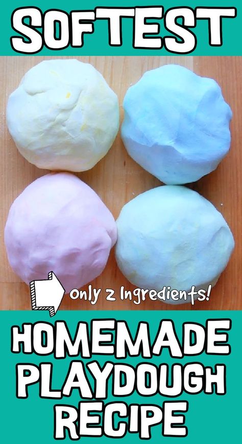 Finished batch of 2 ingredient play dough recipe (homemade) in colors yellow, blue, pink and green shown on a wooden surface with the words: softest homemade playdough recipe with only 2 ingredients! 2 Ingredient Play Dough Recipe, Homemade Playdough Recipe No Cook, Kids Play Dough Recipe, Playdough Recipe No Cook, Cornstarch And Conditioner, Conditioner Playdough, 2 Ingredient Playdough, Cook Playdough Recipe, Soft Playdough Recipe