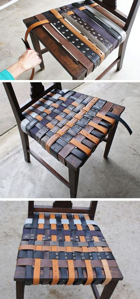 Awesome  Crafts for Men and Manly DIY Project Ideas Guys Love - Fun Gifts, Manly Decor, Games and Gear. Tutorials for Creative Projects to Make This Weekend | DIY Leather Belt Chair  |  http://diyjoy.com/diy-projects-for-men-crafts Kursi Ban, Diy Leather Belt, Décor Steampunk, Diy En Cuir, Diy Projects For Men, Chair Repair, Diy Belts, Manly Decor, Porch Furniture