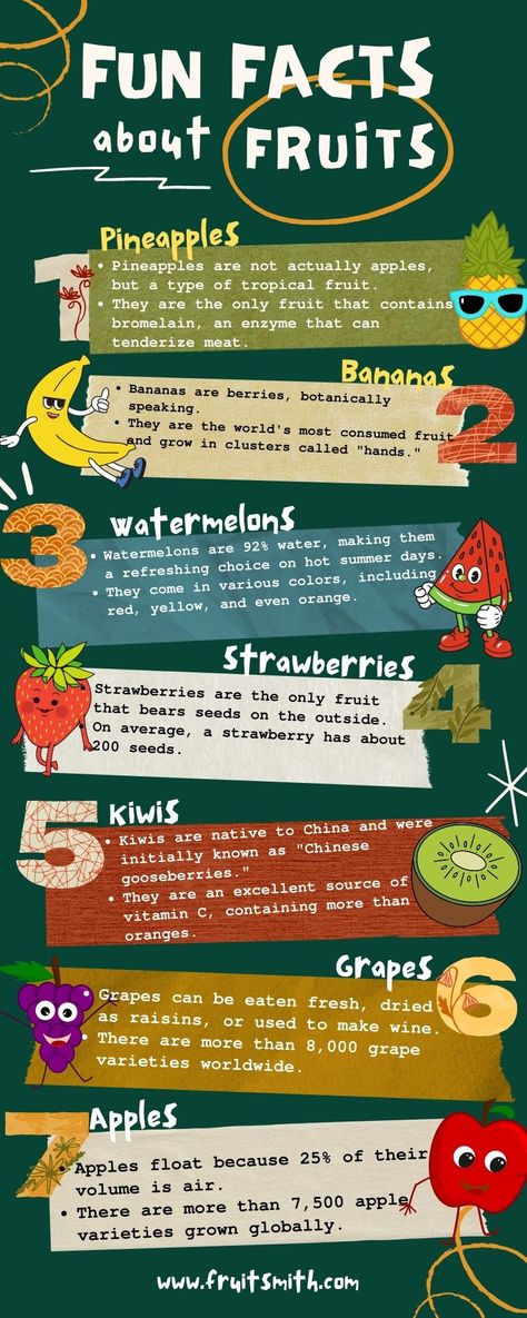 Discover the fascinating world of fruits with these delightful nuggets of knowledge! From pineapples that aren't apples to bananas being berries, explore the surprising and intriguing facts about various fruits. Did you know that strawberries have their seeds on the outside? Or that watermelons are 92% water? Dive into the juicy details and expand your fruit knowledge with these fun facts that will leave you craving more fruity trivia! Fun Facts About Strawberries, Did You Know Facts About Food, Fun Nutrition Facts, Fruits Infographic, Facts About Fruits, Fun Fact Design, Banana Facts, Fun Food Facts, Dietetics Student