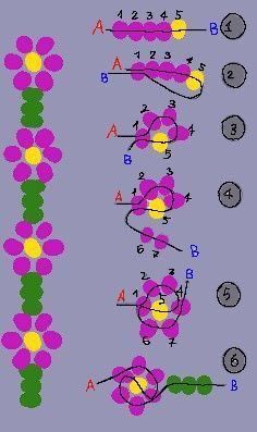 Easy Bracelet Patterns With Beads, Beads Bracelet Design Flower, Beads Bracelets Flowers Tutorial, Pony Bead Flower Pattern, Flower Bead Bracelet Pattern, Seed Bead Ideas Projects, Flower Bracelets Tutorial, Flower Bead Bracelet Tutorial Step By Step, Flower Bead Pattern