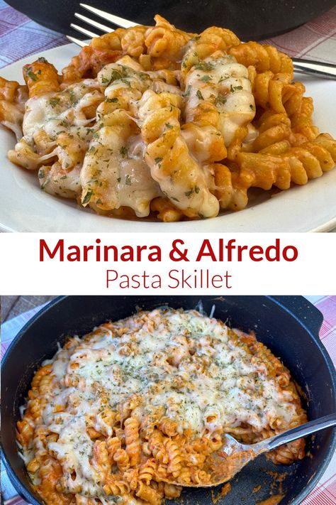 Collage of plate and skillet full of pasta with alfredo and marinara sauce. Raos Marinara Recipe, Red Sauce Recipe, Pasta Marinara, Pasta With Alfredo Sauce, Marinara Recipe, Marinara Sauce Recipe, Simple Family Meals, Pasta Recipes Alfredo, Red Sauce Pasta