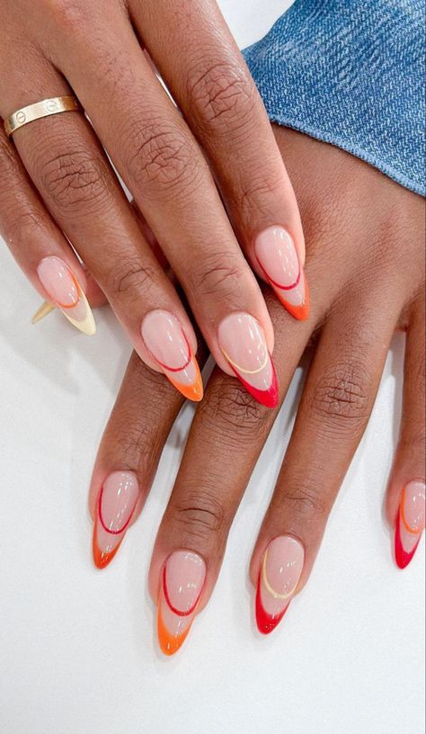 June Nails Almond Shape, Nails Inspo Summer 2024, Every Nail Different Color, Simple Summer Almond Nails, Orange Nail Designs Summer, Almond Nails Designs Summer 2024, Red Summer Nails Designs, Summer Almond Nails 2024, Orange And Red Nails