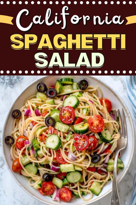 This California spaghetti salad is a fun twist on a classic! With long spaghetti noodles, colorful vegetables, and a cheesy vinaigrette, everyone will love it. Spaghetti Summer Salad, Spaghetti Noodle Salad, Pasta Salad With Spaghetti Noodles, Spagetti Salad Recipes, California Pasta Salad, California Spaghetti Salad Recipe, Camper Meals, California Spaghetti Salad, California Pasta