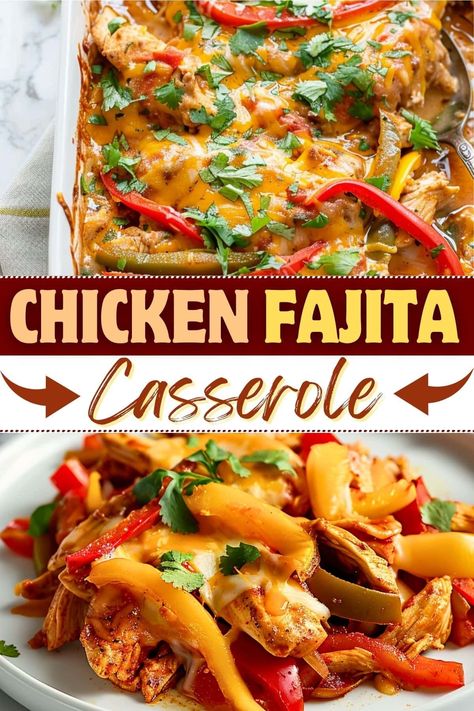 Spice up Mexican night with this easy chicken fajita casserole! With peppers, onions, chicken, and cheese, it's so much simpler than traditional fajitas. Fajitas Chicken Casserole, Mexican Chicken Fajita Recipe, Creamy Chicken Fajita Casserole, Fajita Chicken Casserole Oven Baked, Chicken Fajita Casserole With Tortillas, Fajita Casserole Chicken, Chicken Fajita Casserole With Rice, Sheet Fajitas, Chicken And Pepper Recipes