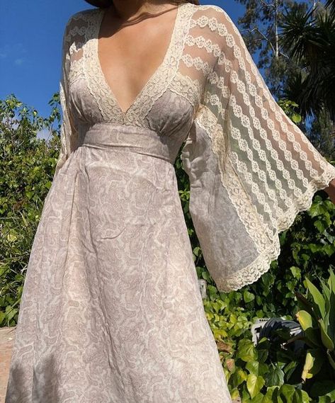 Cute Wrap Dresses, Rhianna Core Aesthetics, Vintage Maxi Dresses, Sheer Wrap Dress, Maxi Dresses Aesthetic, Vintage Sheer Dress, Lace Detail Dress, Pregnant Hippie Outfits, Ethereal Aesthetic Dress