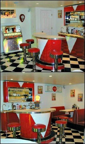 Retro Home Bars - Ideas on Foter Retro Diner Kitchen, American Diner Kitchen, 50s Diner Kitchen, American Diners, Diner Kitchen, 1950s Diner, Retro Garage, 50s Diner, Kitchen Retro