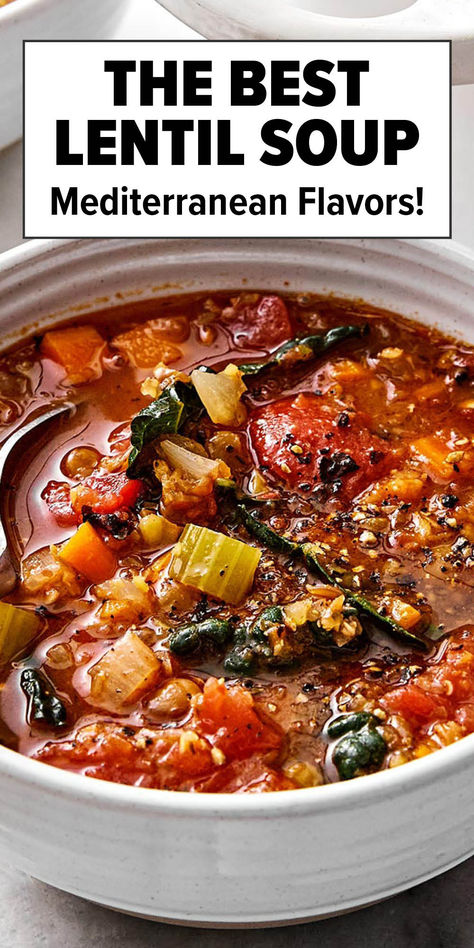 Lentil soup recipe with Mediterranean flavors. Veggie And Lentil Soup, Dinners With Lentils, Split Lentil Soup, Hearty Diet Meals, Smitten Kitchen Lentil Sausage Soup, Mediterranean Lentil Soup Crockpot, Lentil Chorizo Soup, Soup Recipes Healthy Protein, Seasonal Meals Fall