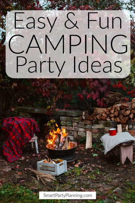 Teenage Camping Party, Camping Birthday Ideas Adults, Camping Party Food Ideas For Adults, Diy Camping Birthday Decorations, Outdoor Camping Party Decor, 50th Birthday Camping Ideas, Birthday Party At Campground, Outdoor Camping Party Ideas, Winter Campfire Party