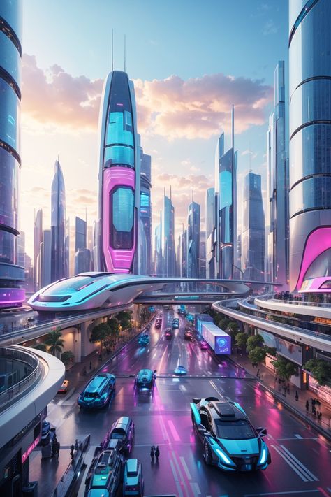 Future architecture 2050 . Evolution of architecture with modern technologies and artificial intelligence Semi Futuristic City, Futuristic Flying Car, Kota Masa Depan, Flying City, Futuristic Transportation, Glass City, Story Brand, Futuristic Cities, Scifi City