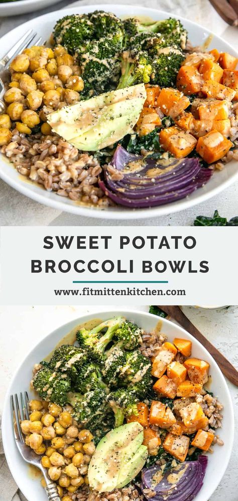 This Sweet Potato Broccoli Bowl is a healthy, balanced, nutrient-dense power bowl finished with a homemade ginger tahini dressing. Perfect for meal prep, or any time you need a nice recharge to your week! #sweetpotatobroccolibowl #powerbowlrecipes #buddhabowl How To Build A Nourish Bowl, Brocoli Sweet Potato, Broccoli Sweet Potato Bowl, Sweet Potato Edamame Bowl, Dairy Free Bowls, Winter Nourish Bowl, Simple Nutrient Dense Meals, Green Bowl Recipe, Whole 30 Bowl Recipes