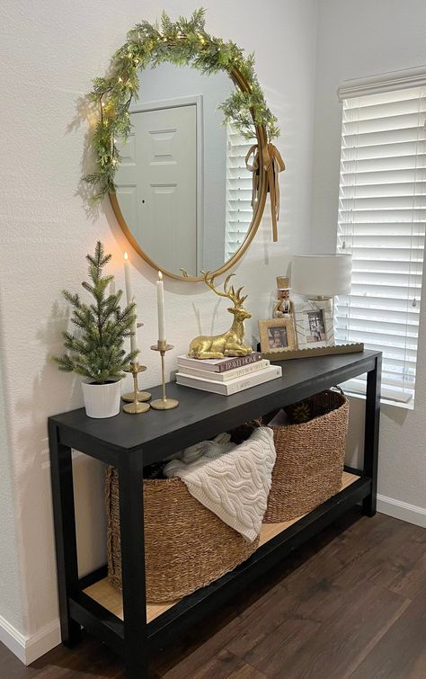 Christmas decorations for entryway console table, elegant gold entryway Holiday decor Christmas Decorations Console Table, Christmas Decor On Console Table, Holiday Console Table, Christmas Decor Hallway Entryway, Console Table Under Stairs, Small Condo Christmas Decor, Hall Table Christmas Decor Ideas, Small Entryway Table Christmas Decor, First Home Inspiration