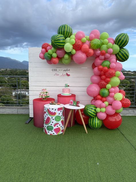 One In A Melon Backdrop, Watermelon Backdrop, Watermelon Party Theme, Watermelon Diy, Baby Shower Watermelon, 2nd Birthday Photos, Watermelon Theme, Baby First Birthday Themes, Baby Gender Reveal Party Decorations