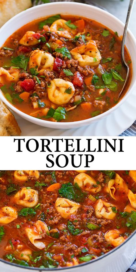 Meat Tortellini Soup, Soups And Stews With Beef, Mexican Tortellini Soup, Filling Soups And Stews, Cozy Dinner Recipes Ground Beef, Tortellini Soup Crockpot Ground Beef, Soups Recipes Tortellini, Tortellini Soup Ideas, Tortellini Soup With Beef Broth