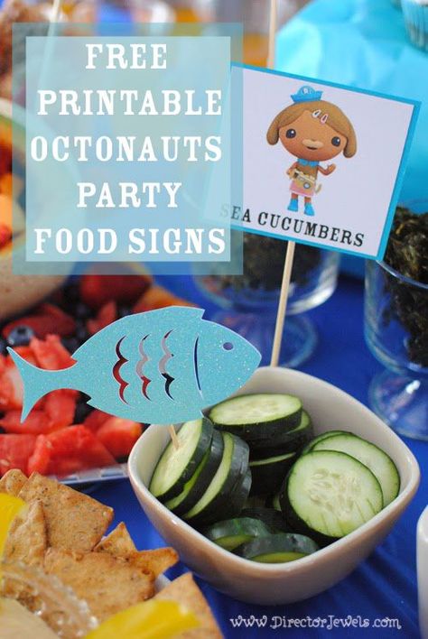 Octonauts Party Ideas | Free Printable Octonauts Party Food Signs at http://directorjewels.com Octonauts Birthday Party Food, Felix Birthday, Fishing Baby Shower, Birthday Party Food Ideas, Party Food Signs, Underwater Birthday, Octonauts Birthday Party, Octonauts Party, Nemo Party