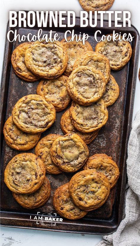 Browned Butter Chocolate Chip Cookies are indulgent cookies with nutty browned butter, a soft center, crispy edges, and a delightful sea salt finish. Quite possibly my new favorite cookie!