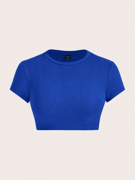 SHEIN ICON Summer Women's Short Sleeve Tight-Fitting Short T-Shirt With Casual And Versatile Round NeckI discovered amazing products on SHEIN.com, come check them out! Very Short Crop Tops, Tops Azul, Tops From Shein, Royal Blue Crop Top, Dream Tops, Ballet Shirts, Royal Blue Shirts, Top Azul, Dark Blue Shirt