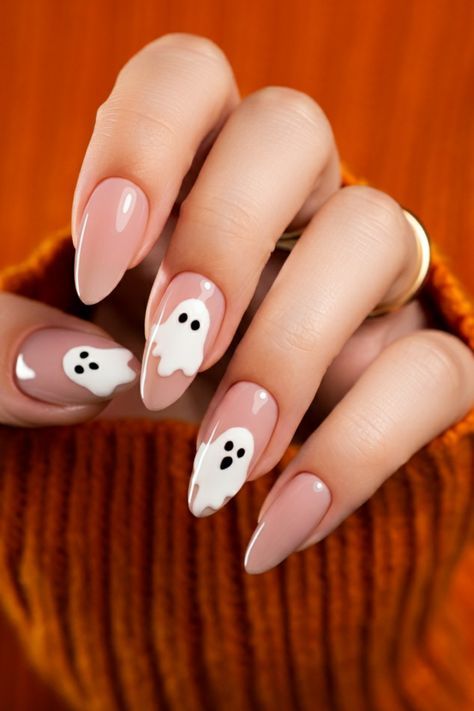 #nailart #naildesigns #nailinspiration #nailsofinstagram #nailgoals #nailtrends #nailfashion #nailcare #nailpolish #nailobsessed Fall Nails Ideas Autumn Halloween, Cute Nails For Fall Ghost, Cute Halloween Manicure Ideas, Simple Gel Nail Designs Halloween, Halloween Almond Nails Design Simple, Nail October 2024, Simple Nail Designs Fall 2024, Acrylic Nail Designs Halloween Simple, Nail Art October