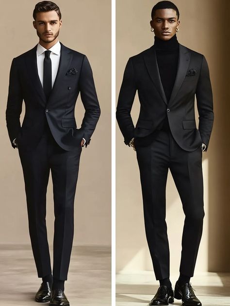 Whether you prefer classic elegance or modern edge, SuitCentury has the perfect suit for every style. Which look suits you best?   #SuitCentury #TailoredStyle #MensFashion #EventReady #blacktie #tuxed #menswear #bespoke #tailor Mens Black Turtleneck Outfit Suit, Black Suit Turtleneck Men, Men Suit Outfit Ideas, Men Suit Outfit, Black Turtleneck Outfit, Grooms Suit, Black Suit Men, Turtleneck Outfit, Black Suit