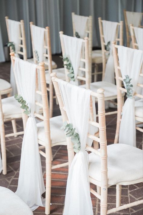 Eucalyptus Chairs Wedding, Decor For Chairs At Wedding, Greenery Chair Decor Wedding, Outside Wedding Chairs, Wedding Ideas Chairs, Eucalyptus Wedding Chairs, Chair Ideas For Wedding, Wedding Chair Backs, Wedding Decorations For Chairs