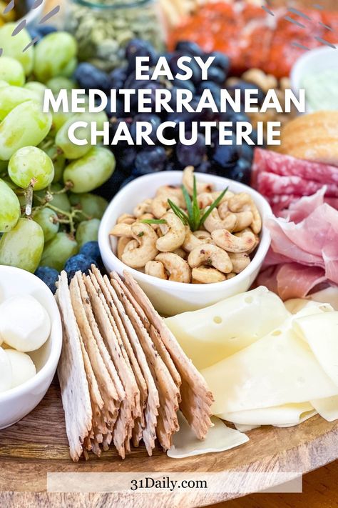 This Mediterranean Charcuterie Board is a simple, delicious meal that’s incredibly easy to put together. Minutes to make and filled with healthy Mediterranean options for all your favorite gatherings, whether that be for parties, dinners on the patio, or picnics in the park. Medeteranian Charcuterie Board, Mediterranean Grazing Board, Mediterranean Canapes, Mediterranean Camping Food, Mediterranean Board Ideas, Mediterranean Charcuterie Board Ideas, Easy Charcuterie Board Simple, Mediterranean Charcuterie Board, Mediterranean Charcuterie