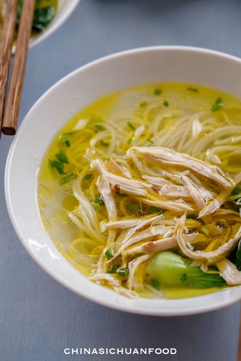 Chinese chicken noodle soup| chinasichuanfood.com Chinese Chicken Noodle Soup, Chinese Rice Noodles, Asian Chicken Noodle Soup, Chicken Rice Noodles, Sichuan Food, Rice Noodle Soups, Potato Salads, Marion's Kitchen, Chinese Foods